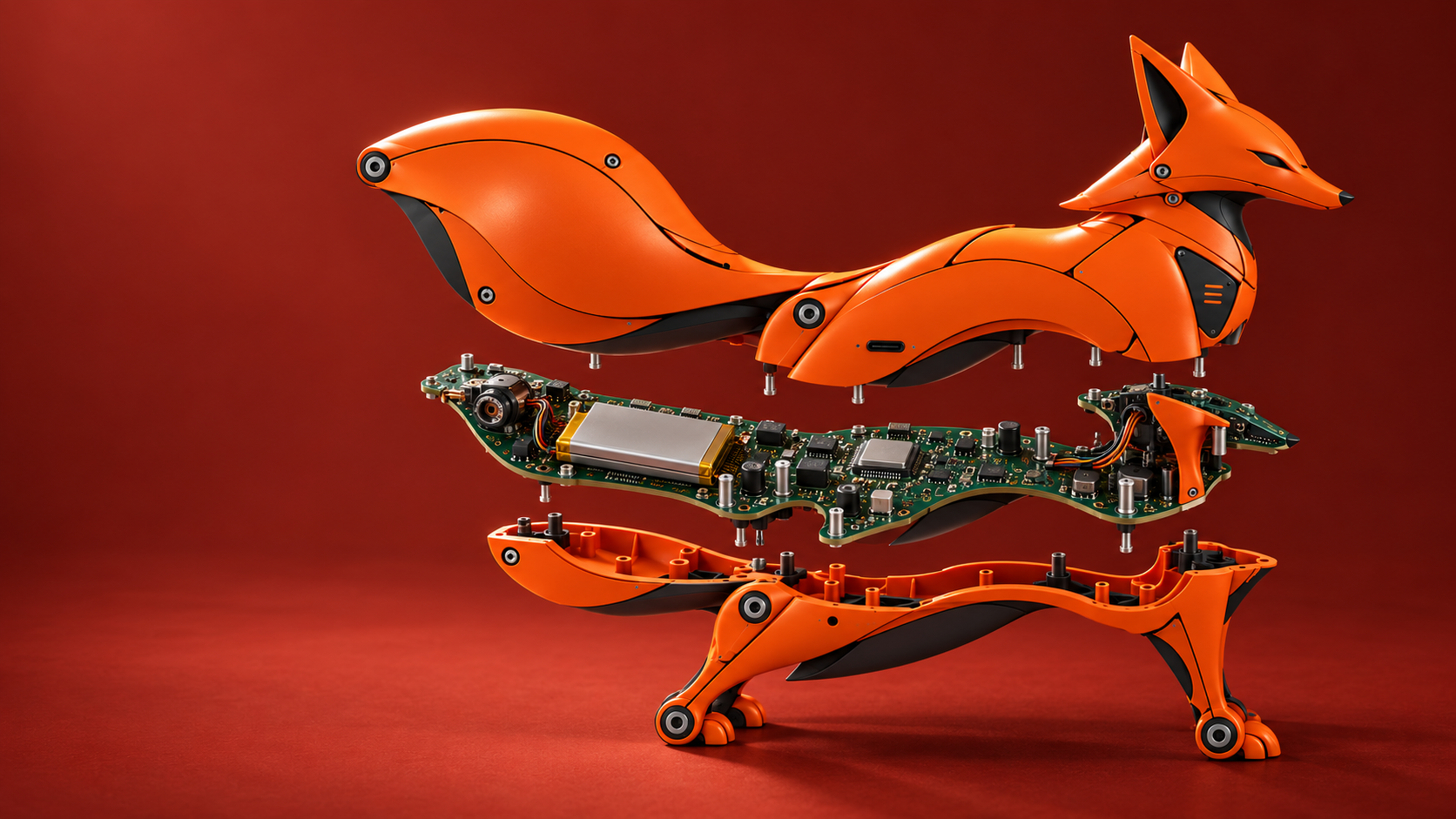 Exploded view of an orange robotic fox showing its enclosure and electronic components