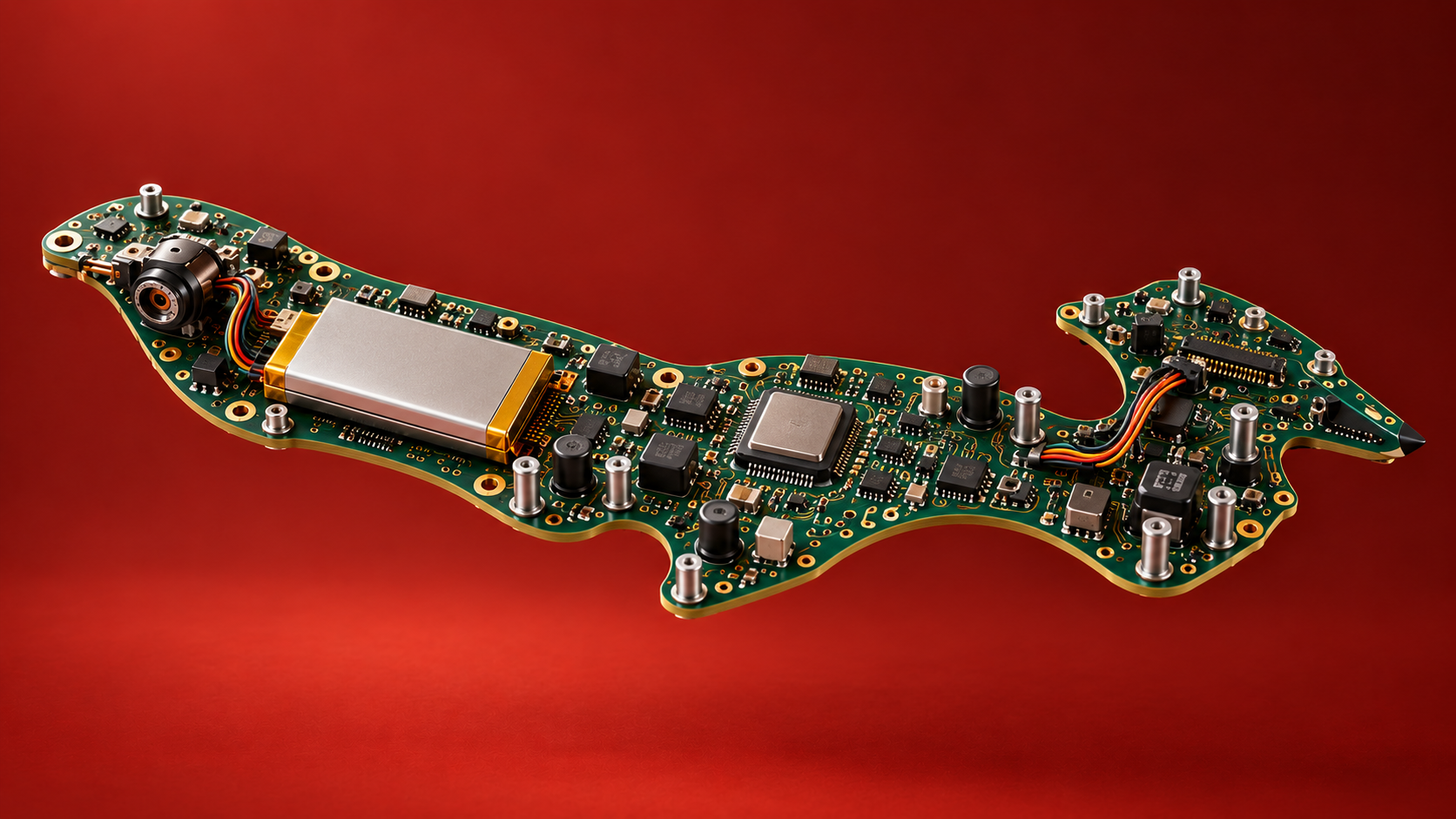 Fox-shaped printed circuit board with electronic components on a red background
