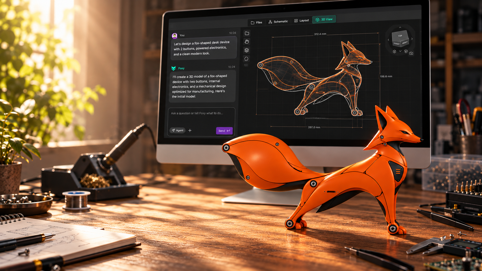 An orange robotic fox on a workbench beside its CAD model on a monitor